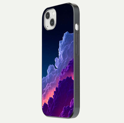 Dreamy Cloud Skies Glass Case for iPhone 14 Plus side-angle image showing reflection clarity and polish