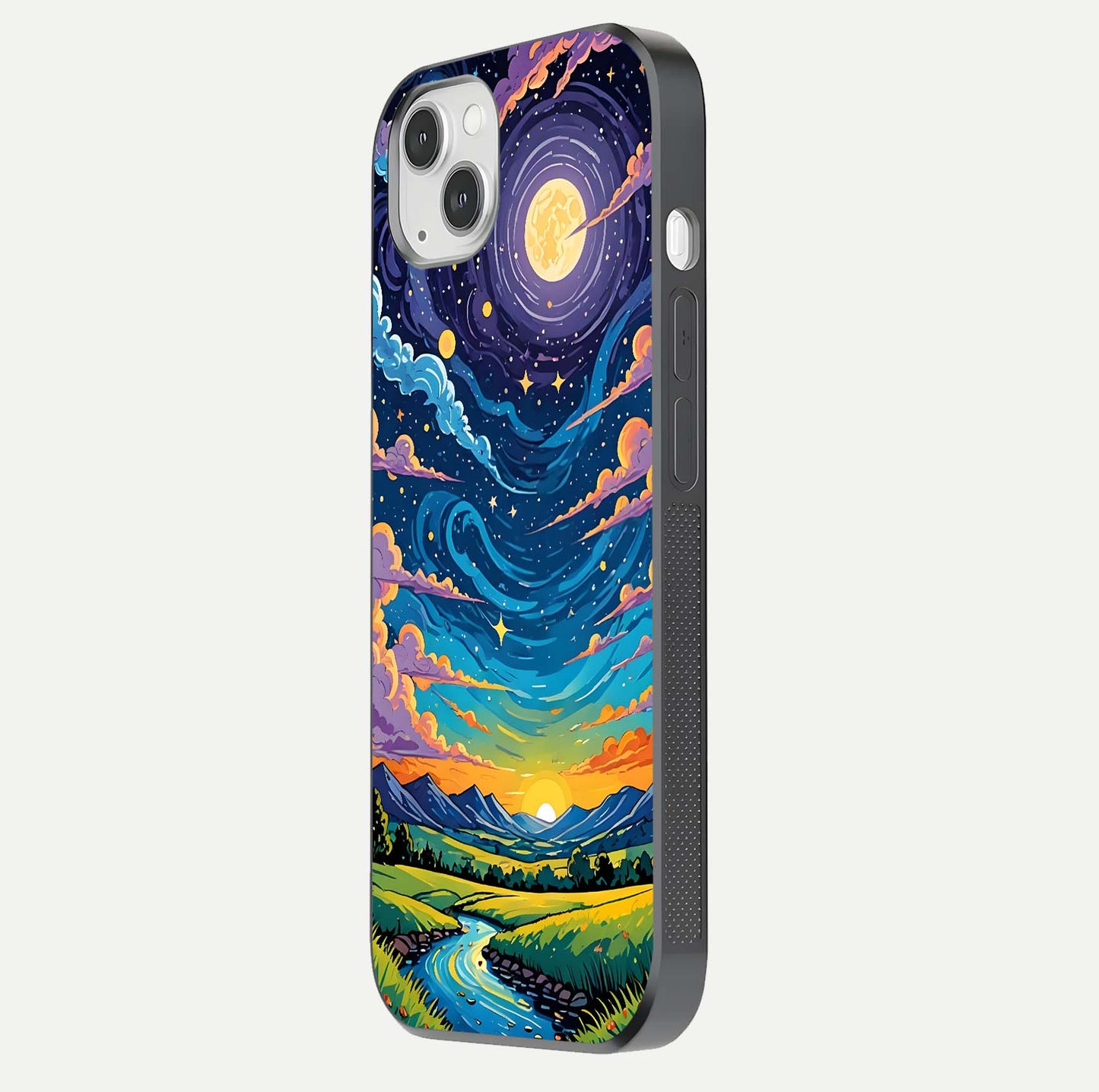 Dreamy Night Landscape Glass Case for iPhone 14 Plus side-angle photo capturing reflection glow and edge detail