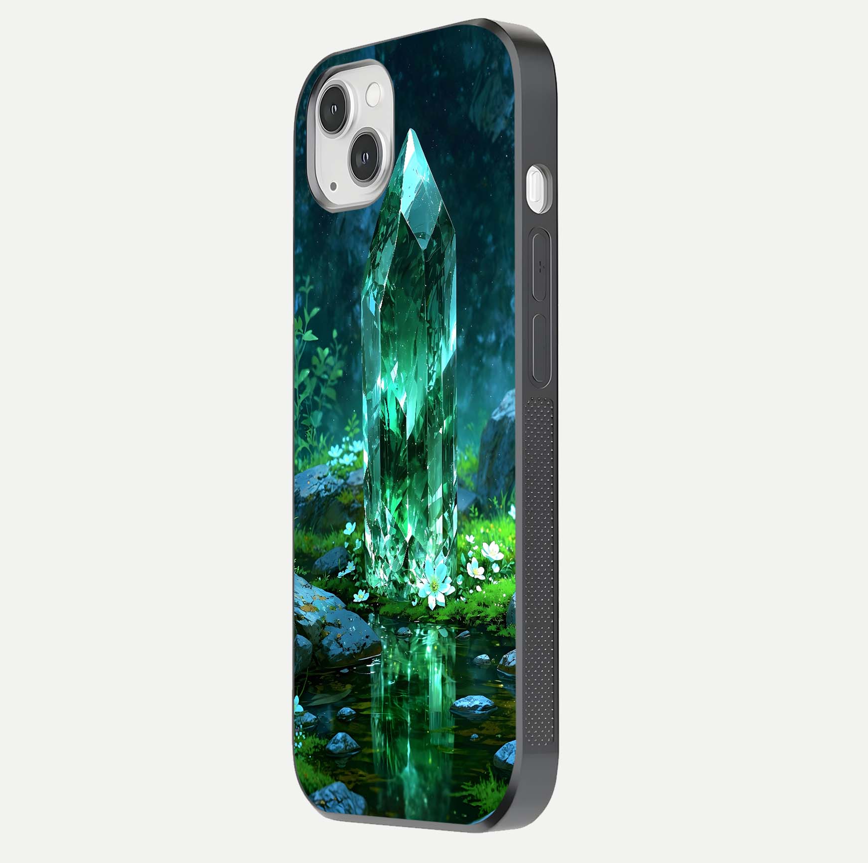 Emerald Light Crystal Glass Case for iPhone 14 Plus side-angle image showing gloss reflection and curved border