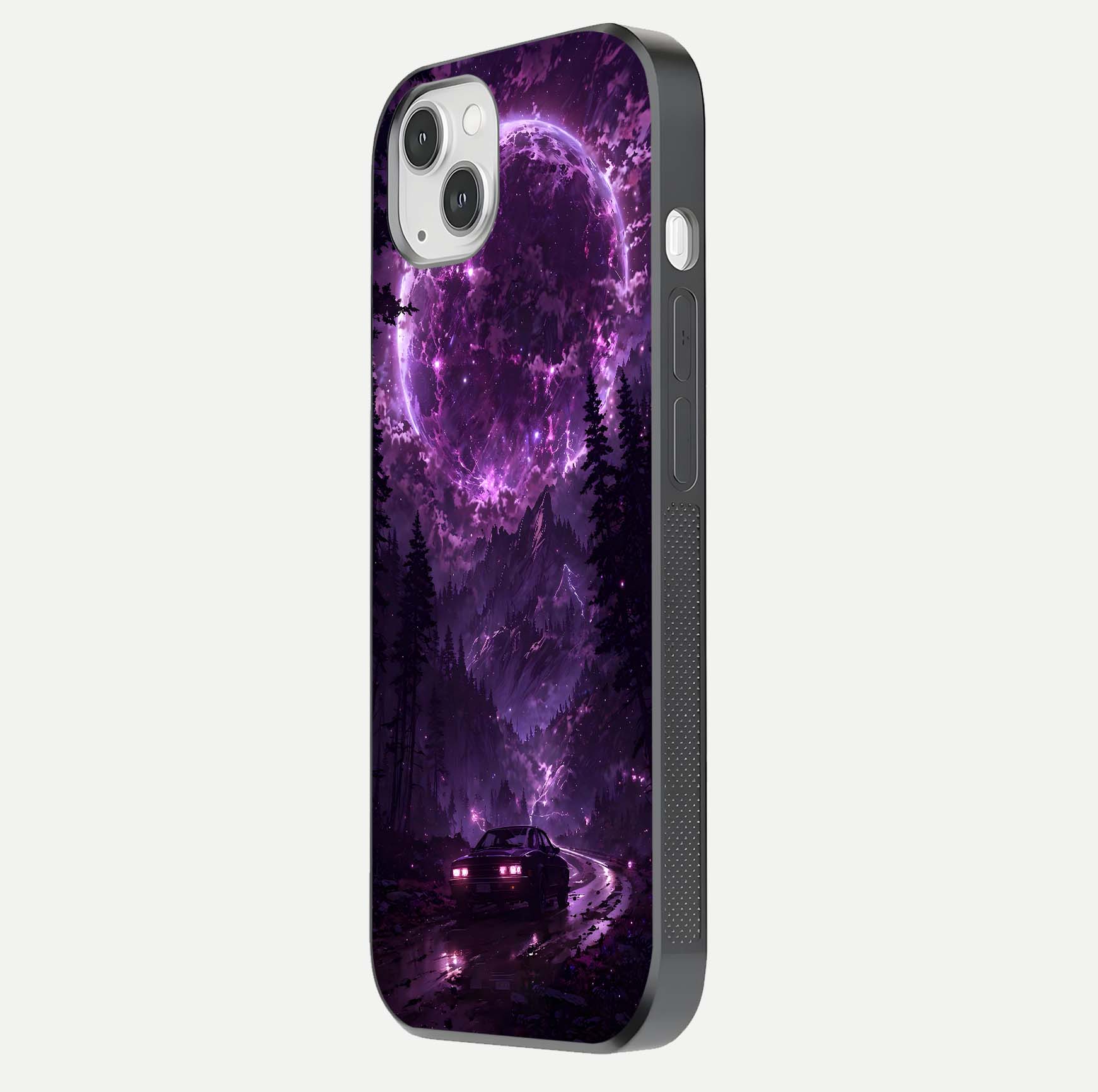 Eternal Cosmic Drive Glass Case for iPhone 14 Plus side-angle image showing reflection texture and color contrast