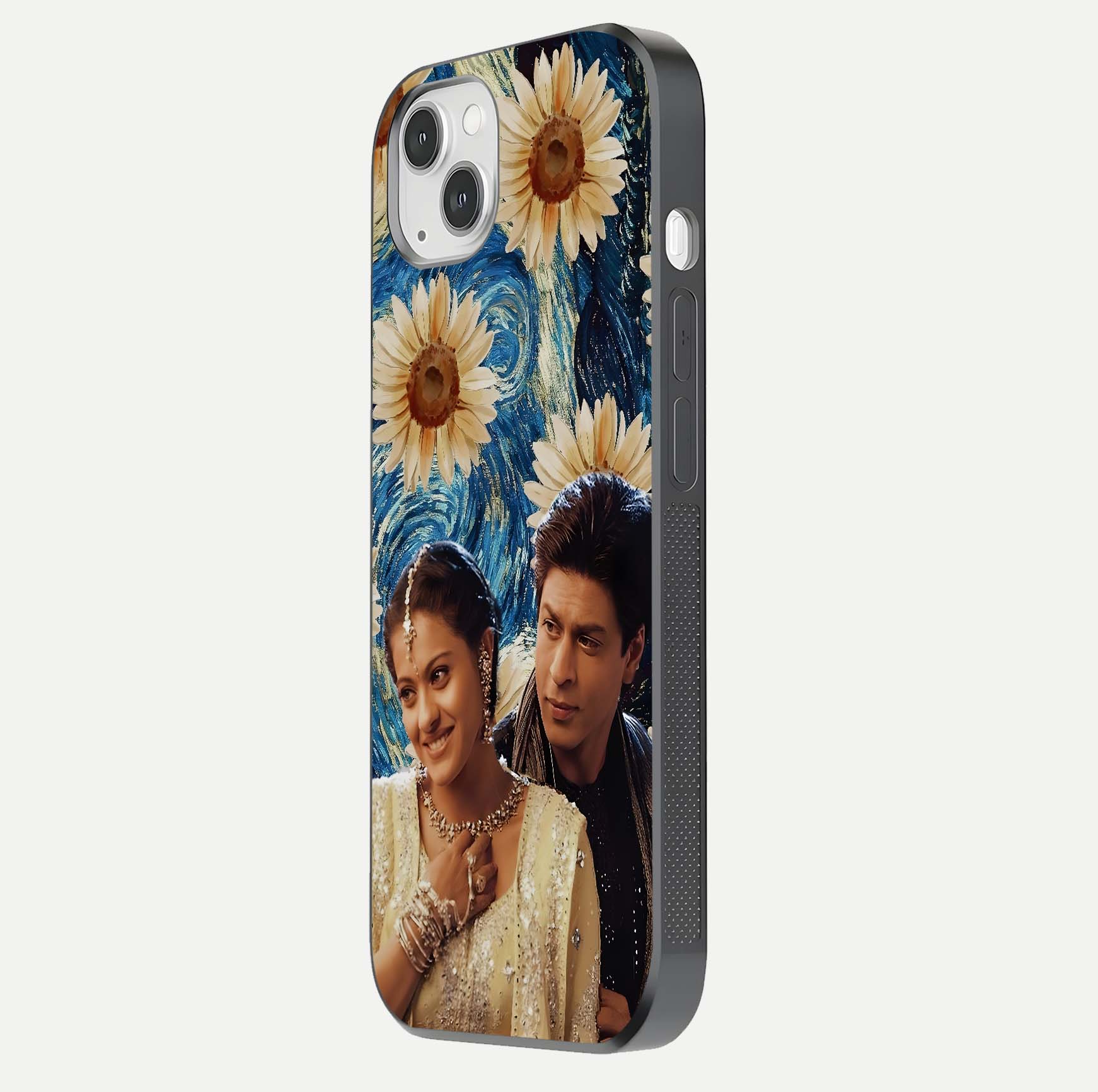 Eternal Love Story Glass Case for iPhone 14 Plus side-angle photo showing curved edges and polished surface