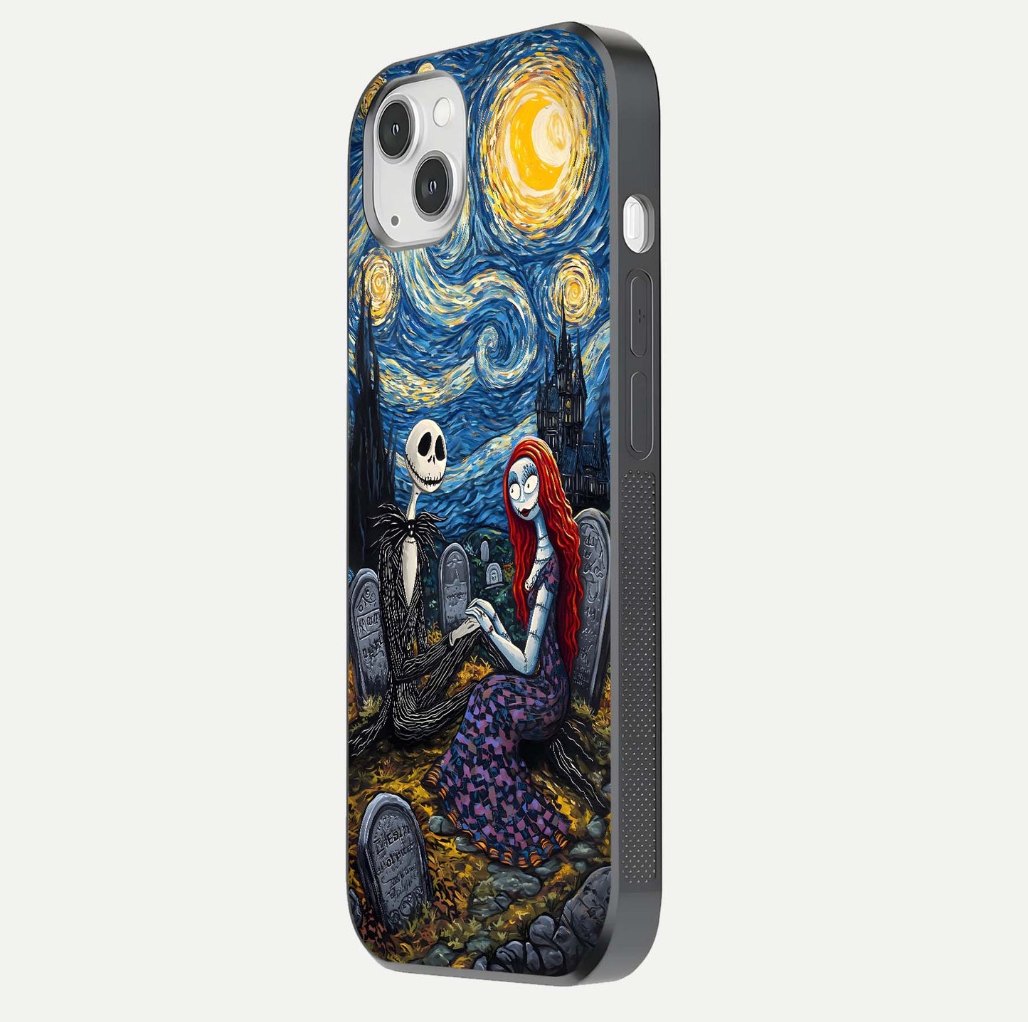 Eternal Night Love Glass Case for iPhone 14 Plus side-angle photo showing edge shine and soft reflection