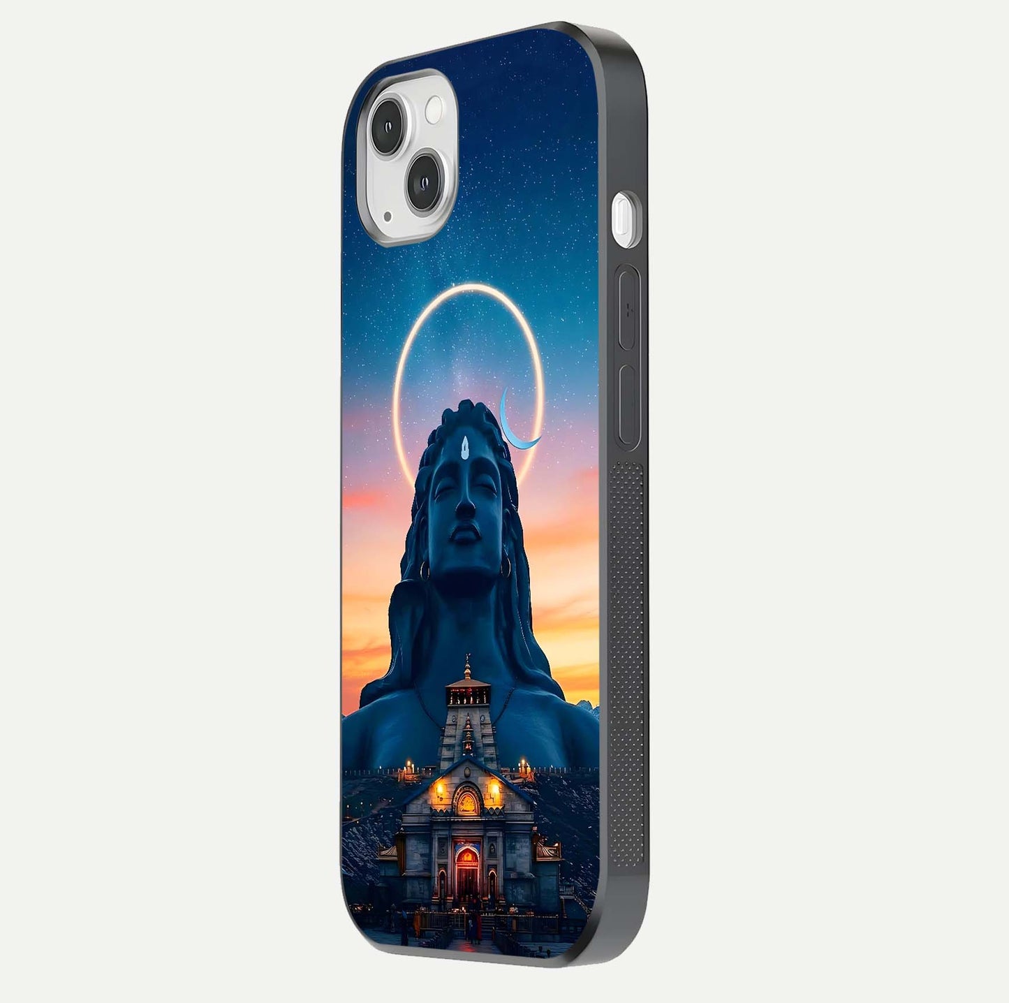 Eternal Shiva Aura Glass Case for iPhone 14 Plus side-angle image showing reflection clarity and rich tone