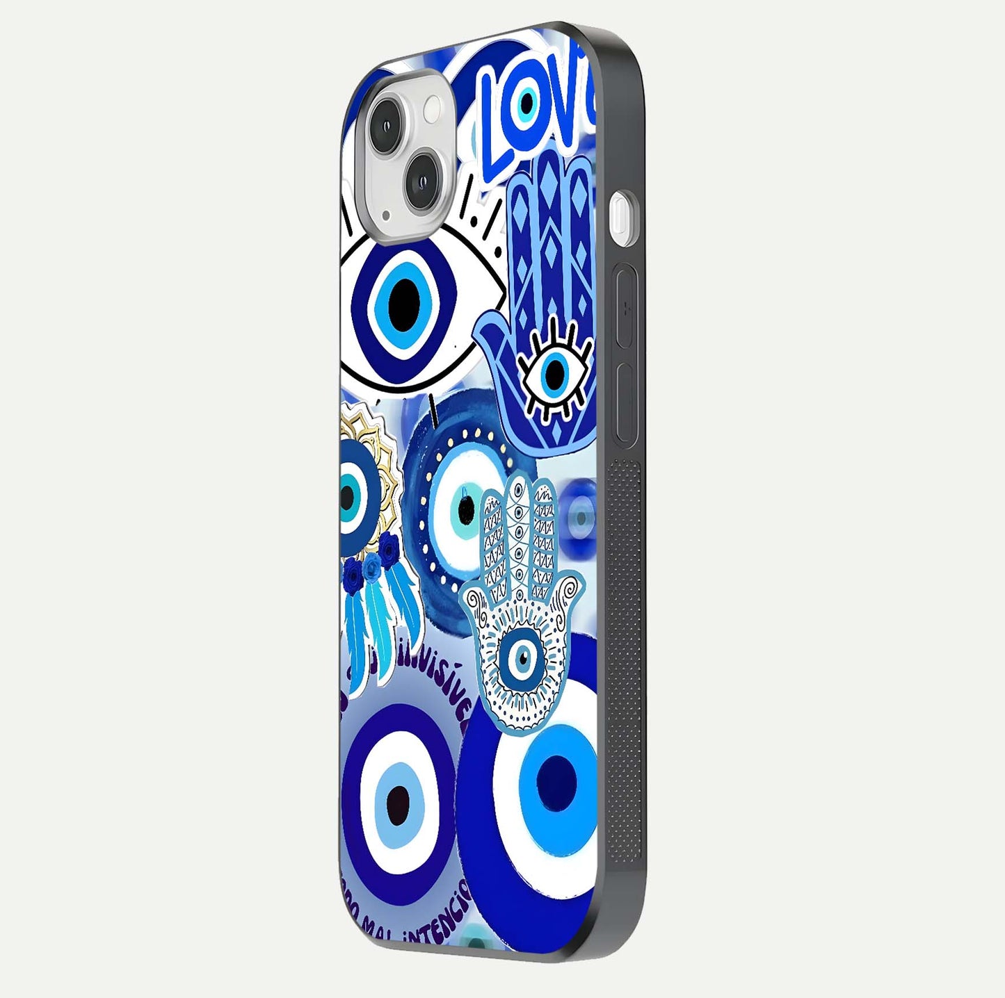 Evil Eyes Dream Glass Case for iPhone 14 Plus side-angle photo capturing smooth edges and reflective texture
