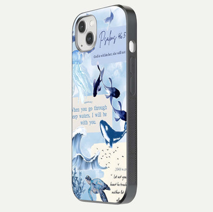 Faithful Ocean Promise Glass Case for iPhone 14 Plus side-angle photo showing reflection glow and color clarity