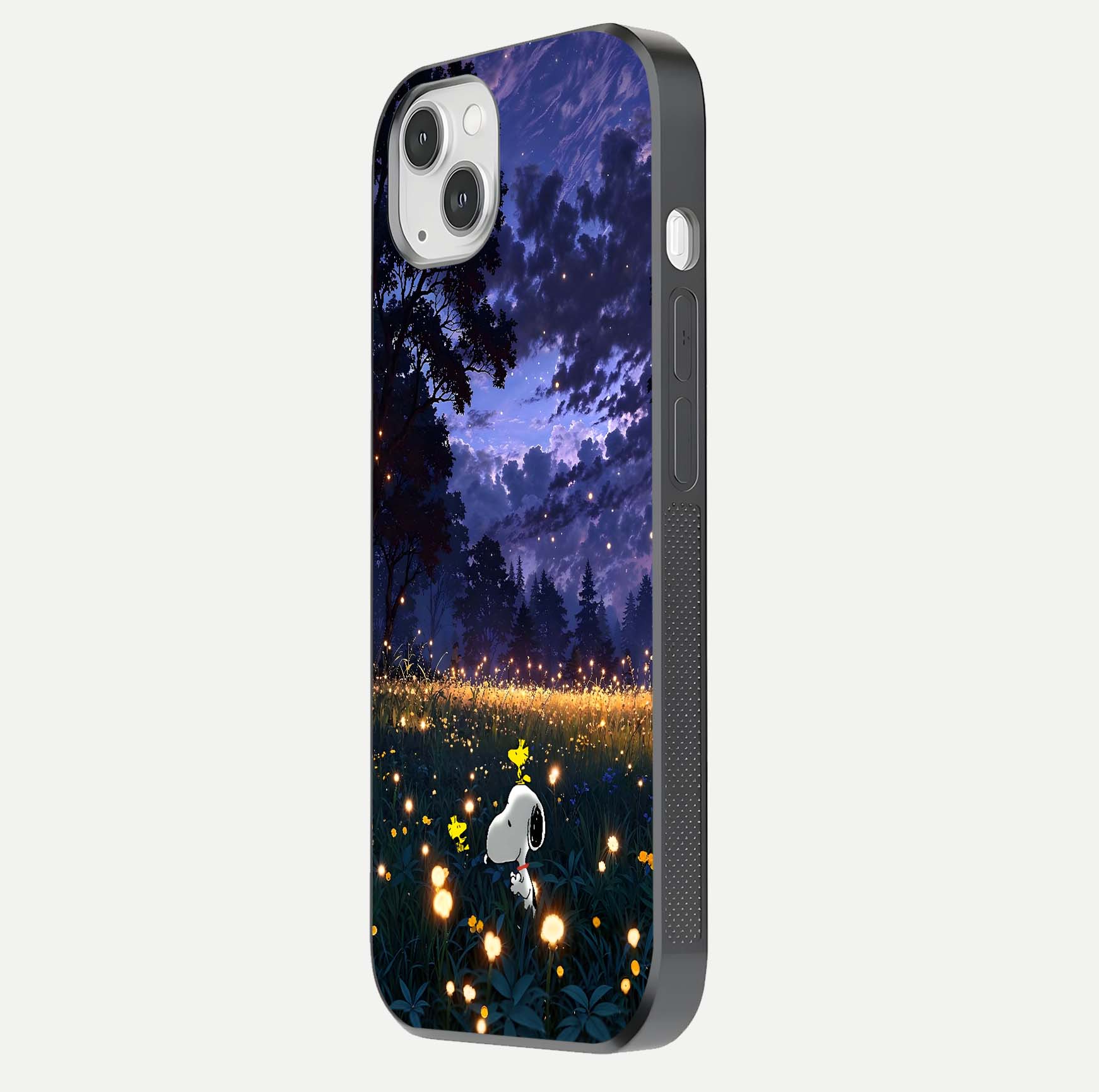 Firefly Meadow Magic Glass Case for iPhone 14 Plus side-angle image capturing glow reflection and fine texture