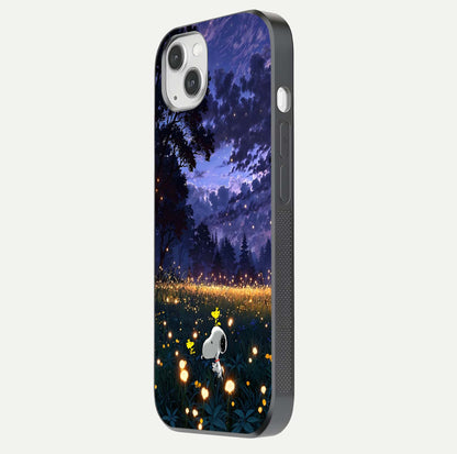 Firefly Meadow Magic Glass Case for iPhone 14 Plus side-angle image capturing glow reflection and fine texture