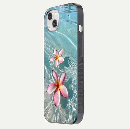 Floating Bloom Bliss Glass Case for iPhone 14 Plus side-angle photo showing smooth reflection and elegant curve