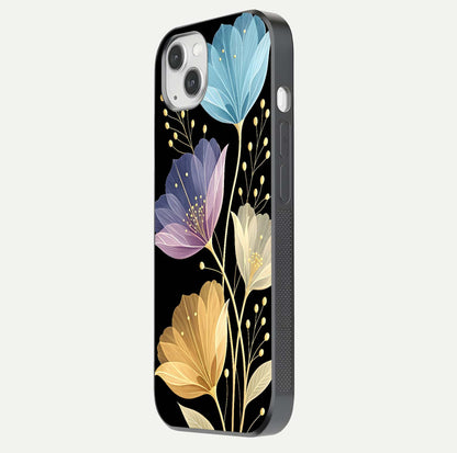 Flower Bloom Glow Glass Case for iPhone 14 Plus side-angle image capturing gloss reflection and flower glow