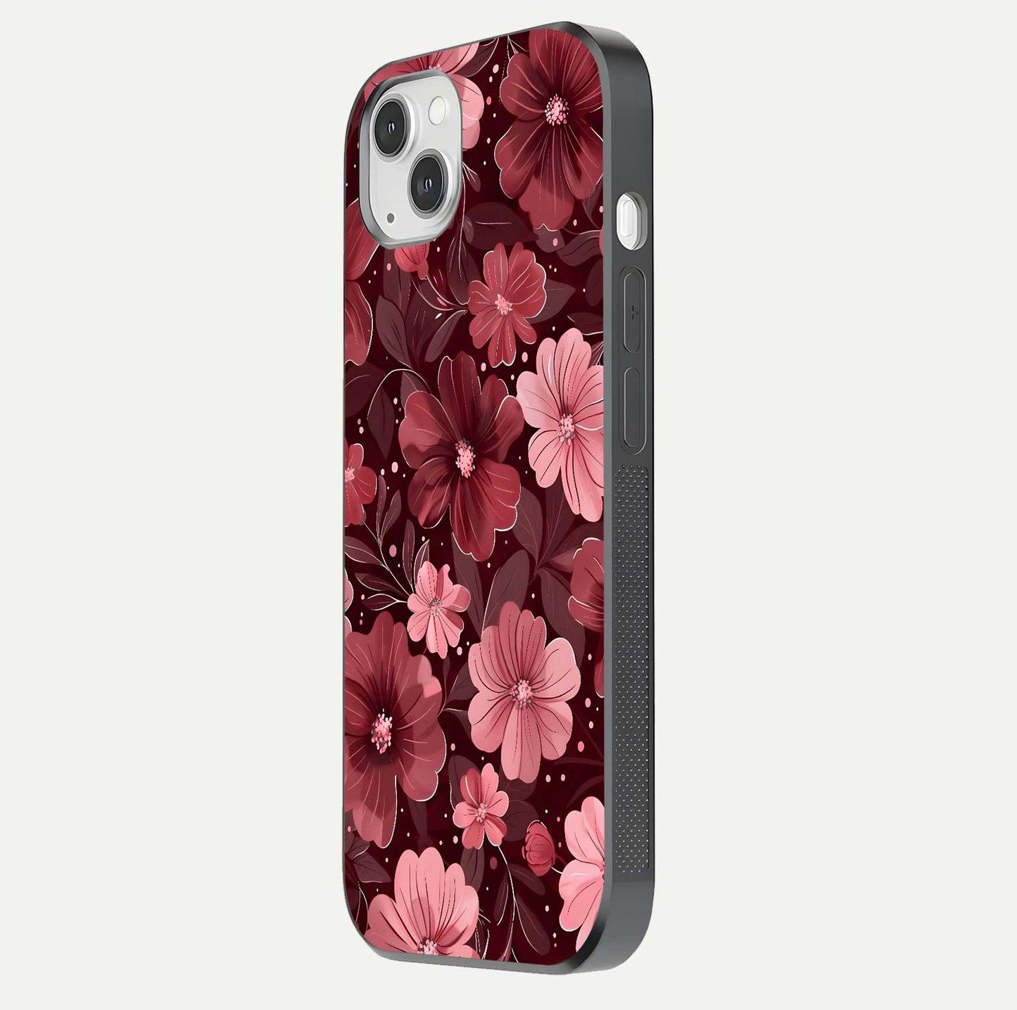 Flower Blush Bloom Glass Case for iPhone 14 Plus side-angle photo showing glass reflection and delicate hues