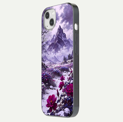 Flower Mountain View Glass Case for iPhone 14 Plus side-angle image showing gloss polish and smooth edge