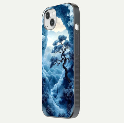 Frozen Serenity Gate Glass Case for iPhone 14 Plus side-angle photo showing reflective surface and cold tones