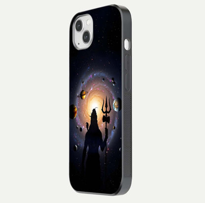 Galactic Shiva Vision Glass Case for iPhone 14 Plus side-angle image showing light reflection, glass edges, and spiritual cosmic theme