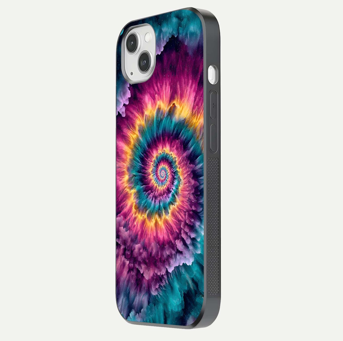 Galactic Spiral Burst Glass Case for iPhone 14 Plus side-angle image showing reflection clarity and vivid galactic texture