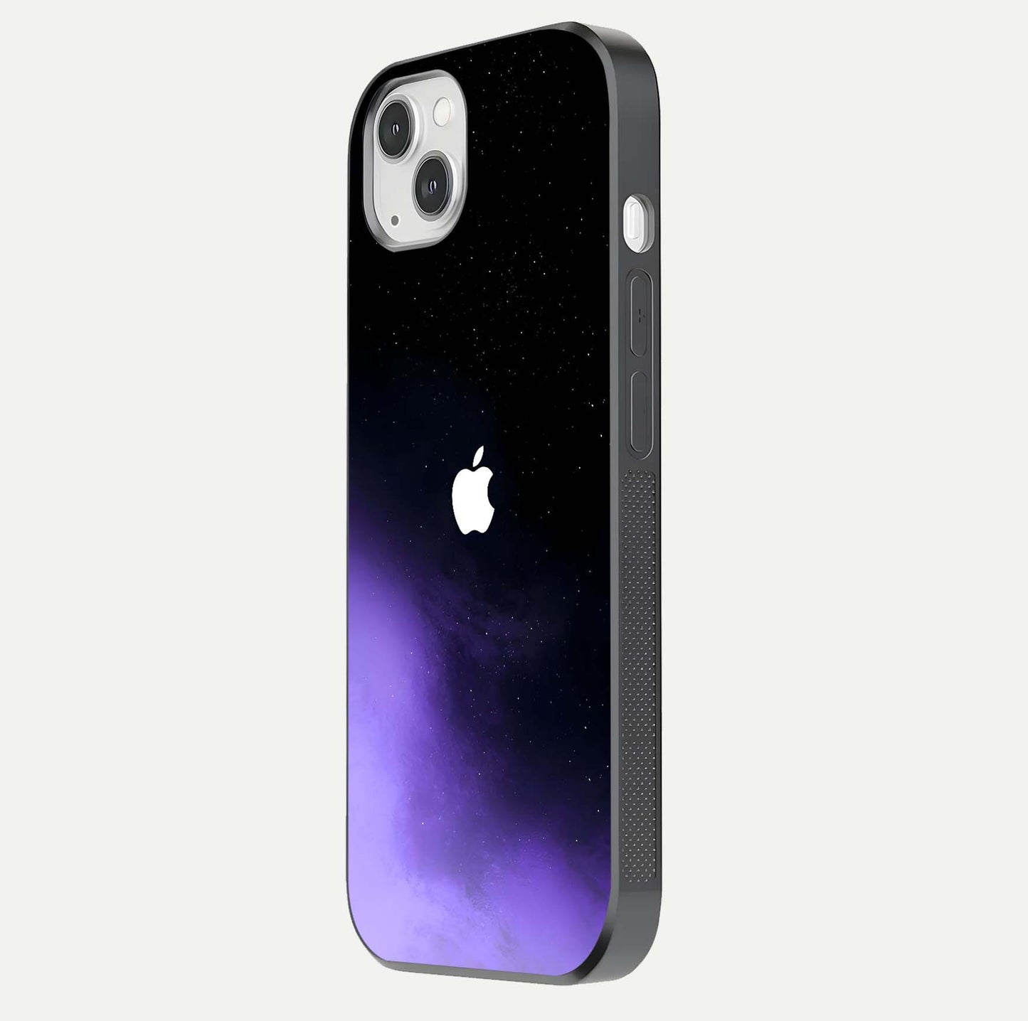 Galaxy Apple Aura Glass Case for iPhone 14 Plus side-angle image showing glossy surface and soft reflection hues