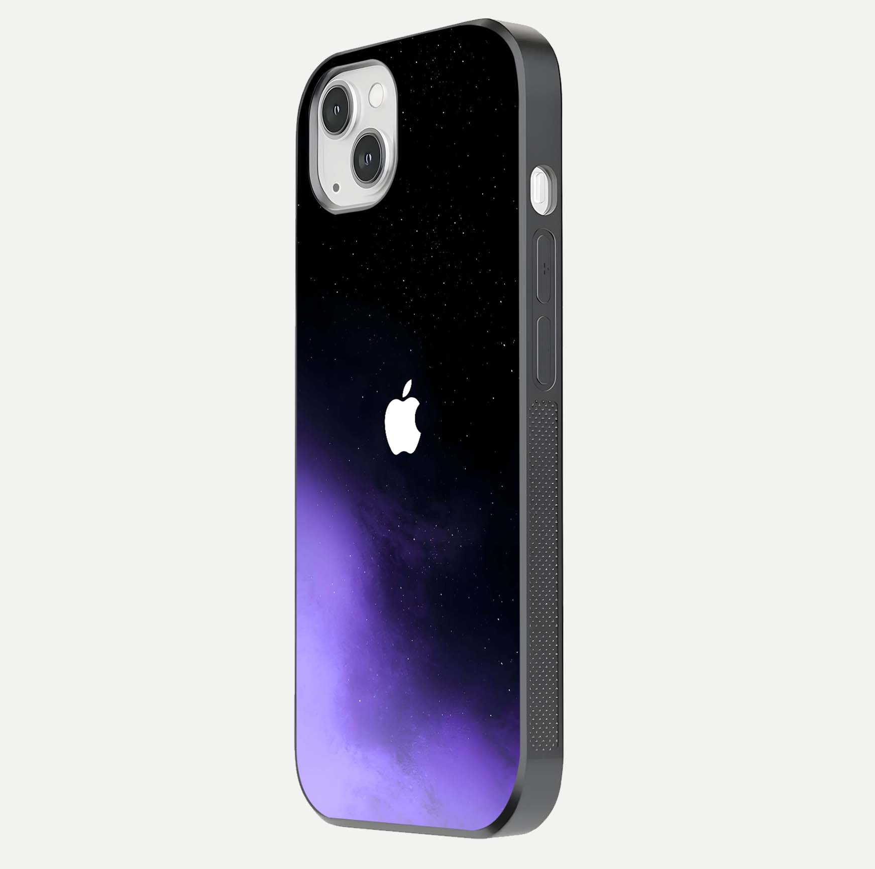 Galaxy Apple Aura Glass Case for iPhone 14 Plus side-angle image showing glossy surface and soft reflection hues