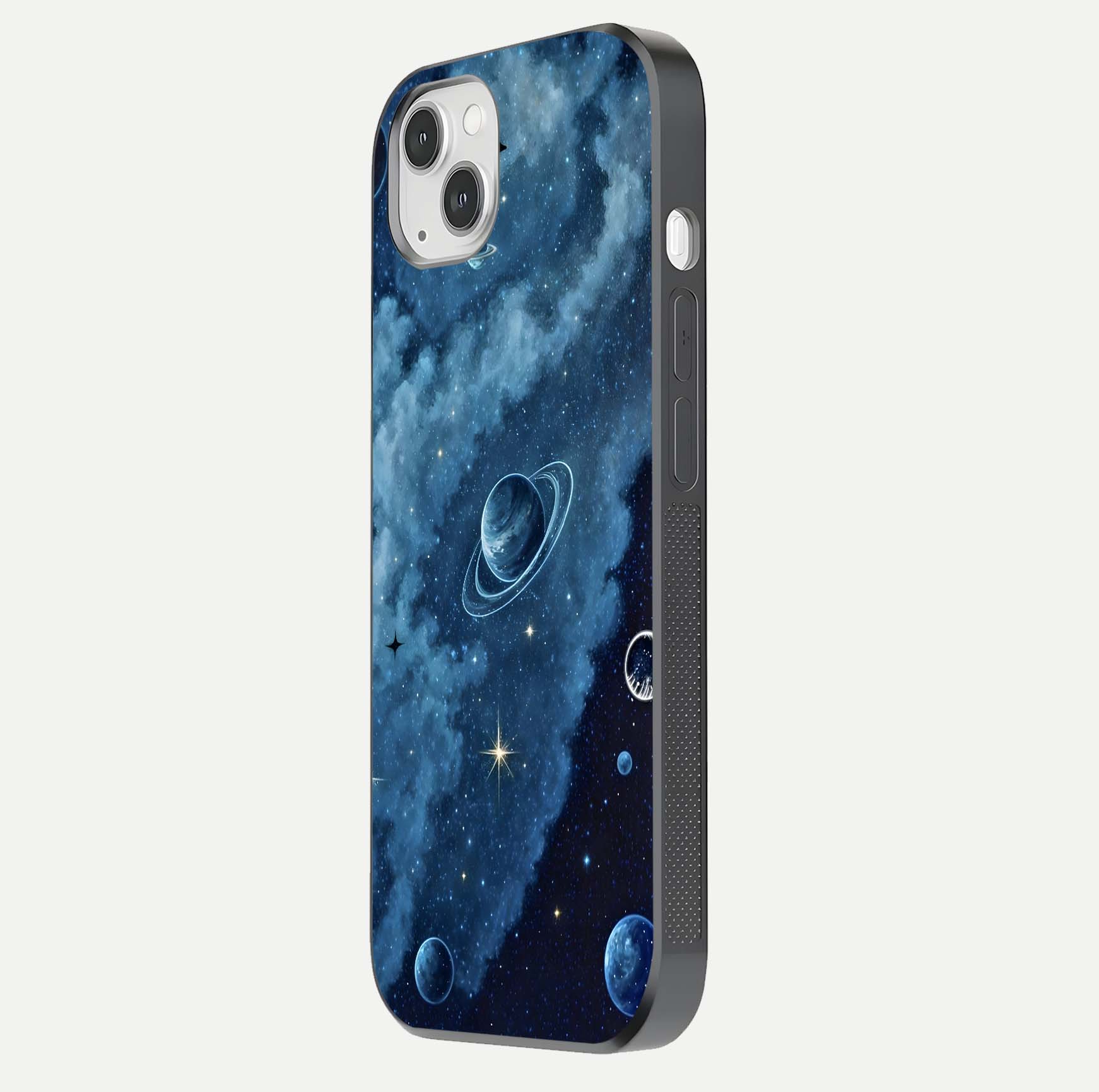 Galaxy Dream Space Glass Case for iPhone 14 Plus side-angle image capturing reflection clarity and galactic texture
