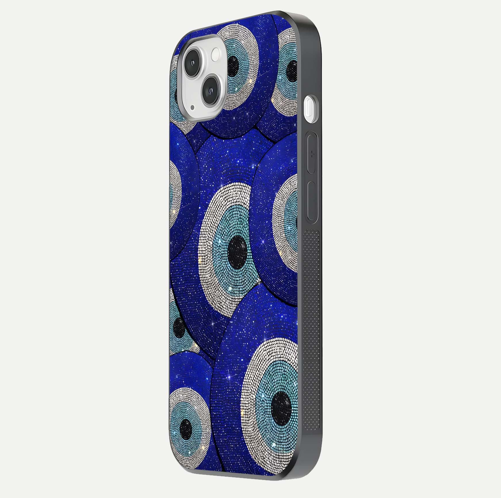 Galaxy Eye Flow Glass Case for iPhone 14 Plus side-angle image showing reflection detail and premium shine
