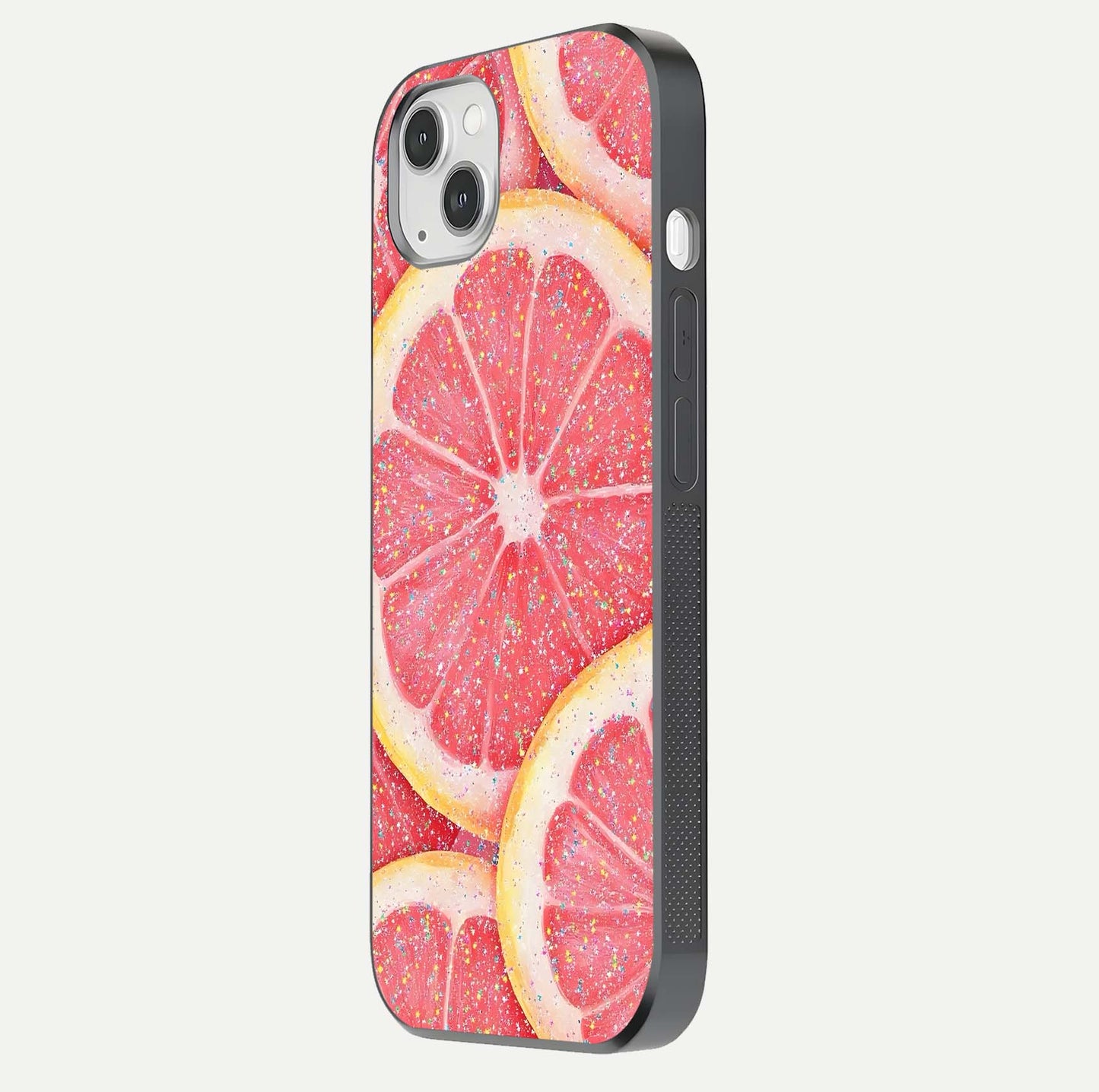 Glitter Grapefruit Glass Case for iPhone 14 Plus side-angle image showing reflection glow and polished edges