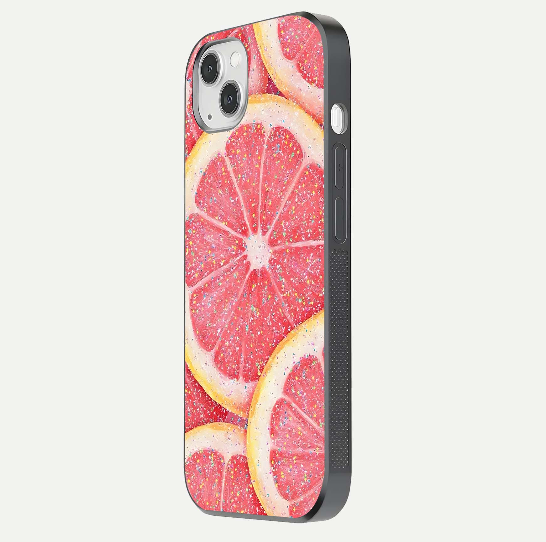 Glitter Grapefruit Glass Case for iPhone 14 Plus side-angle image showing reflection glow and polished edges