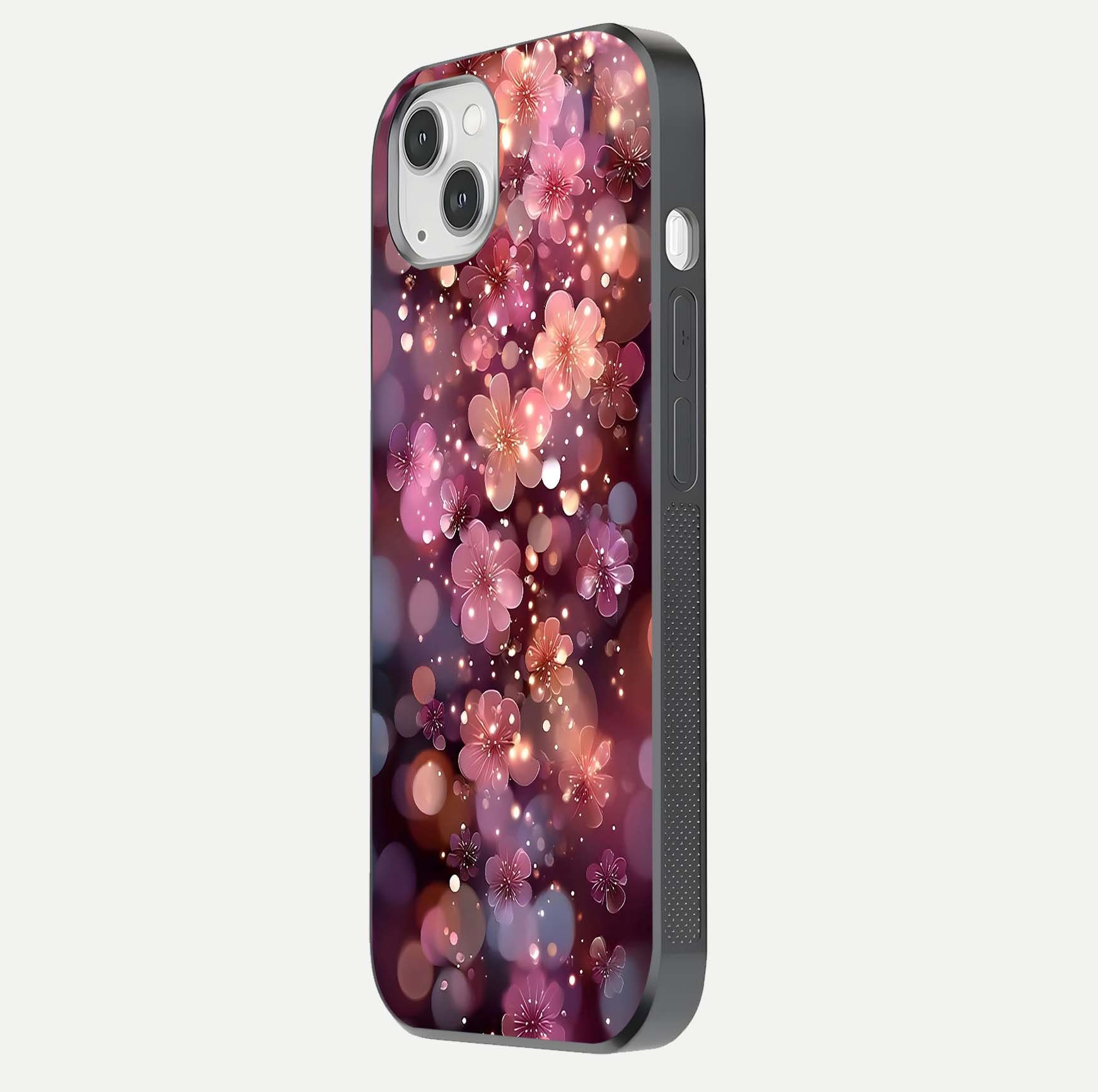Glowing Petal Bliss Glass Case for iPhone 14 Plus side-angle image showing light reflection and soft floral texture