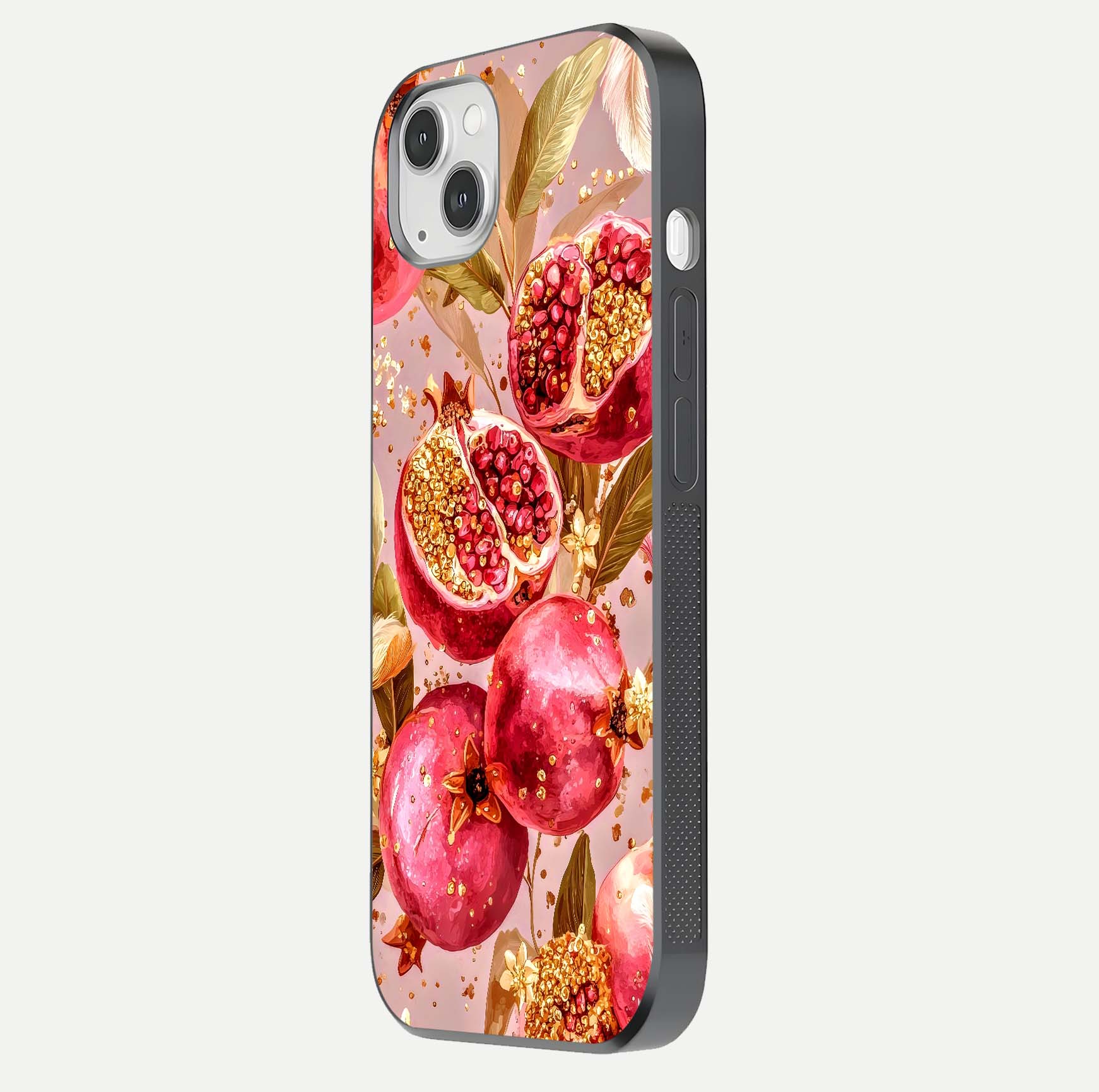 Golden Bloom Glow Glass Case for iPhone 14 Plus side-angle image showing light reflection, gloss texture, and rich tone