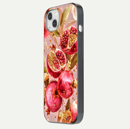 Golden Bloom Glow Glass Case for iPhone 14 Plus side-angle image showing light reflection, gloss texture, and rich tone