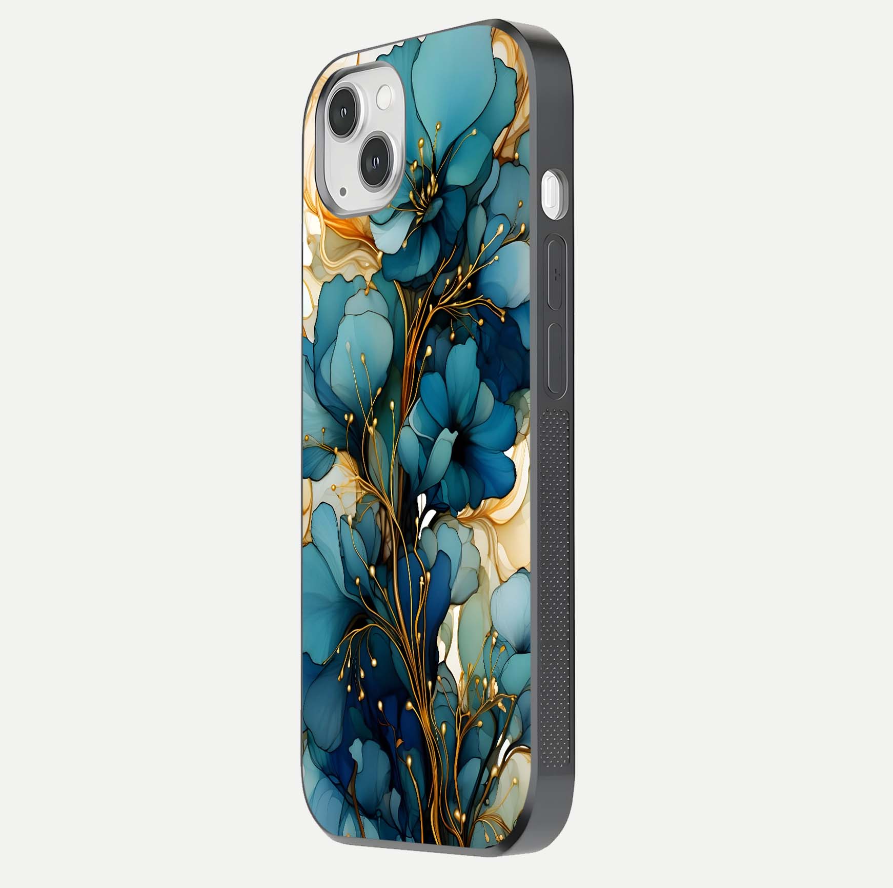 Golden Bloom Symphony Glass Case for iPhone 14 Plus side-angle image showing golden glow, light reflection, and premium surface