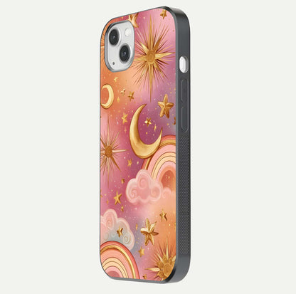 Golden Celestial Dreams Glass Case for iPhone 14 Plus side-angle image capturing reflection brightness and starry detail