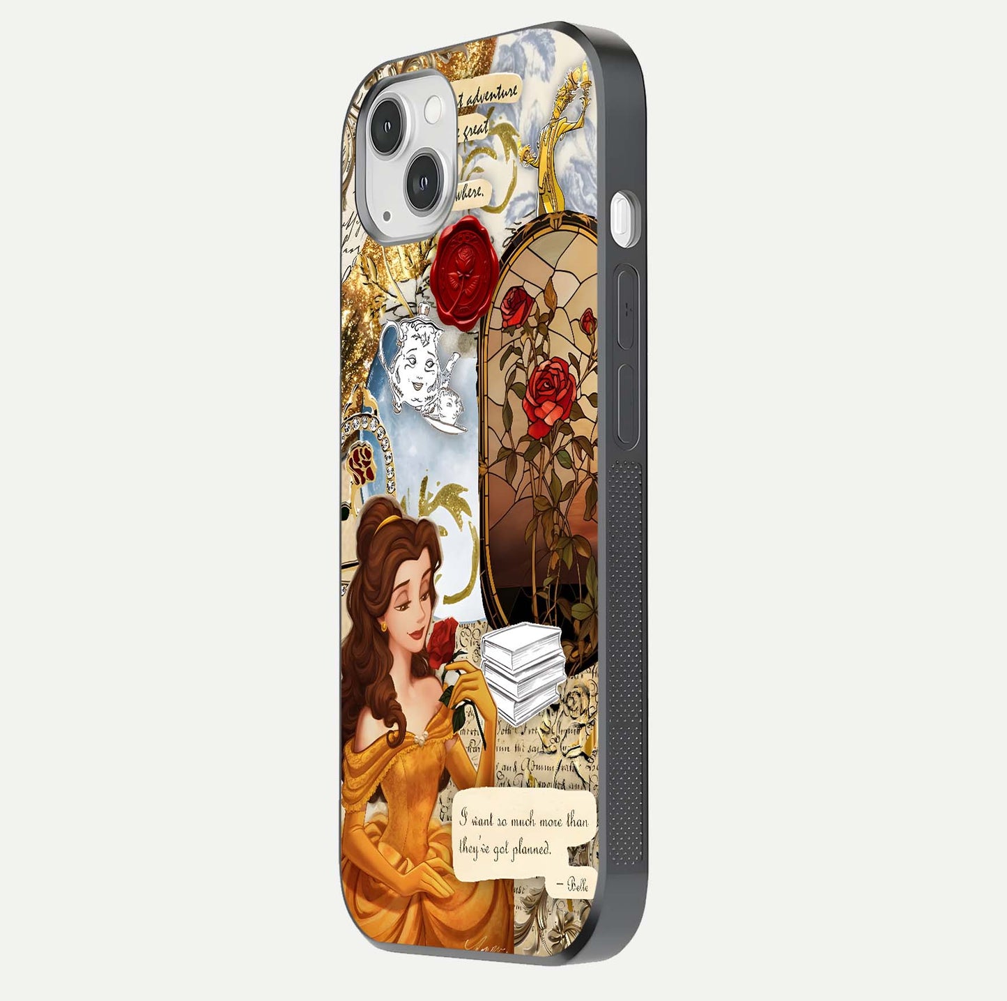 Golden Dream Belle Glass Case for iPhone 14 Plus side-angle image showing reflective edges and premium golden tint
