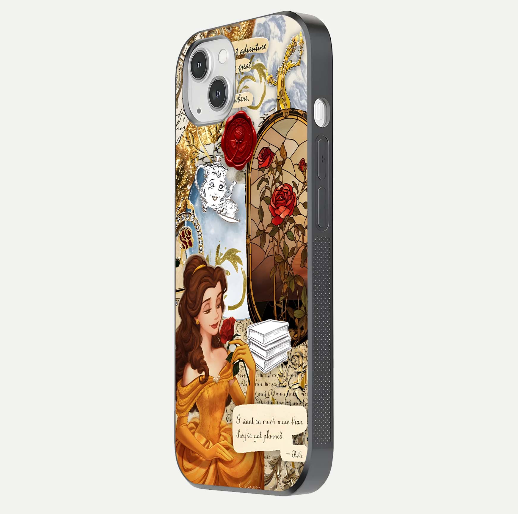 Golden Dream Belle Glass Case for iPhone 14 Plus side-angle image showing reflective edges and premium golden tint