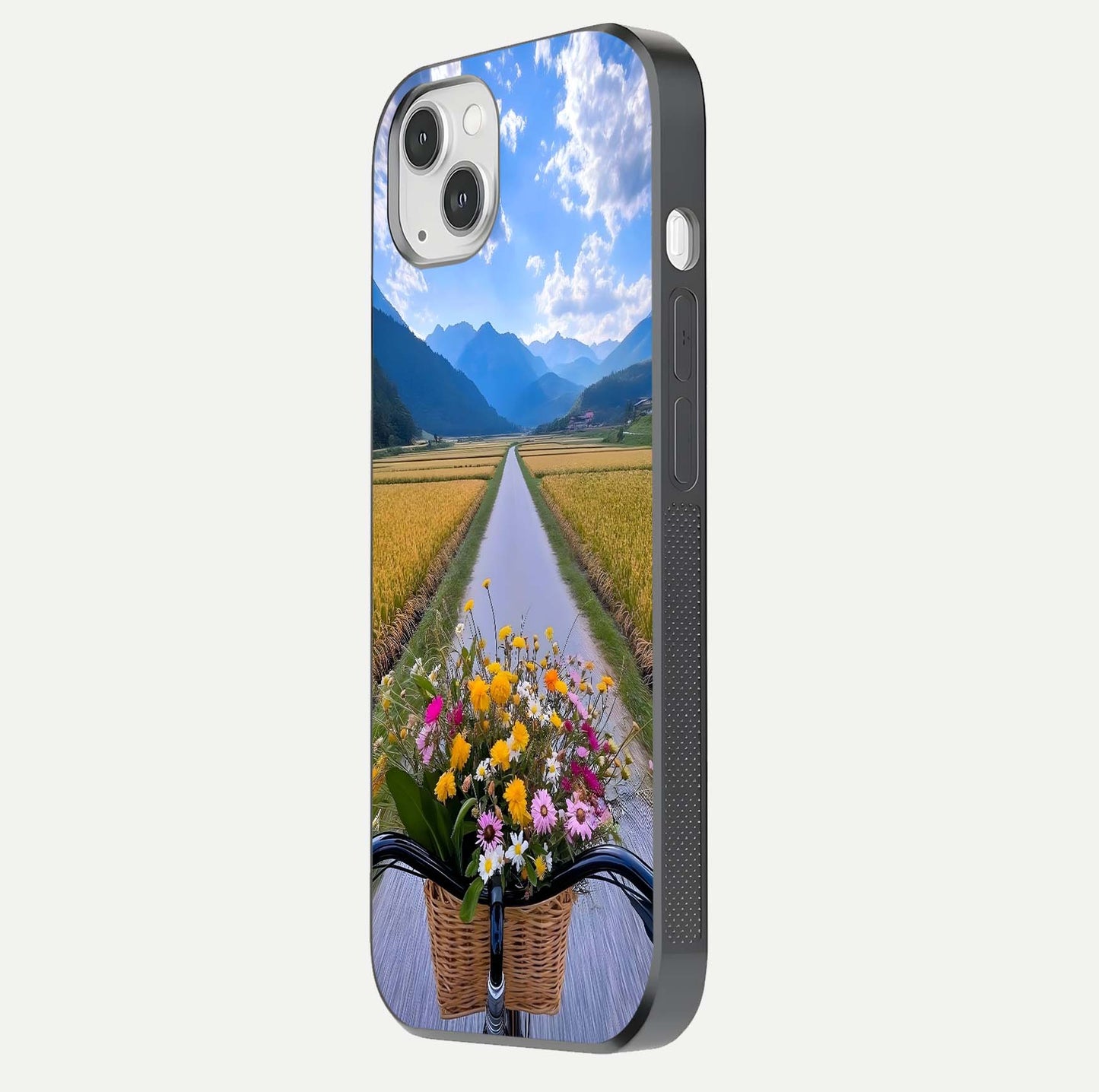 Golden Field Journey Glass Case for iPhone 14 Plus side-angle image showing golden glow, reflection shine, and curved edge