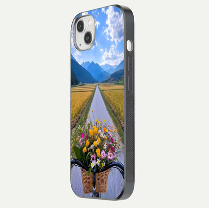 Golden Field Journey Glass Case for iPhone 14 Plus side-angle image showing golden glow, reflection shine, and curved edge