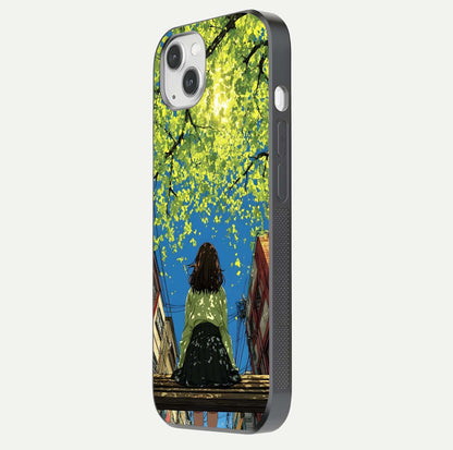 Golden Leaves Glow Glass Case for iPhone 14 Plus side-angle image showing reflection polish and elegant pattern