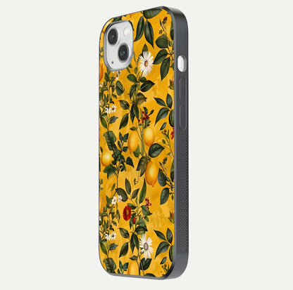 Golden Lemon Field Glass Case for iPhone 14 Plus side-angle image showing reflection clarity and juicy color tone