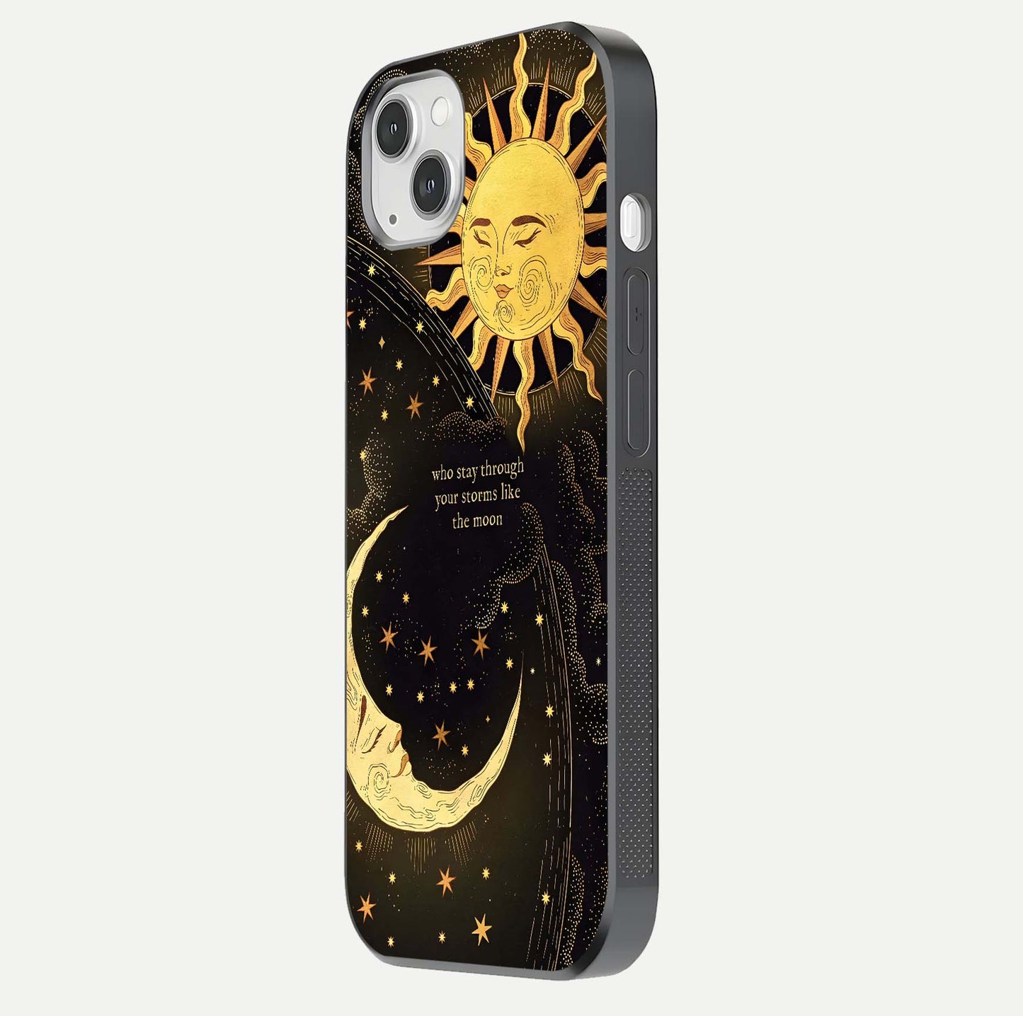 Golden Lunar Love Glass Case for iPhone 14 Plus side-angle image showing reflection brilliance and smooth golden tone