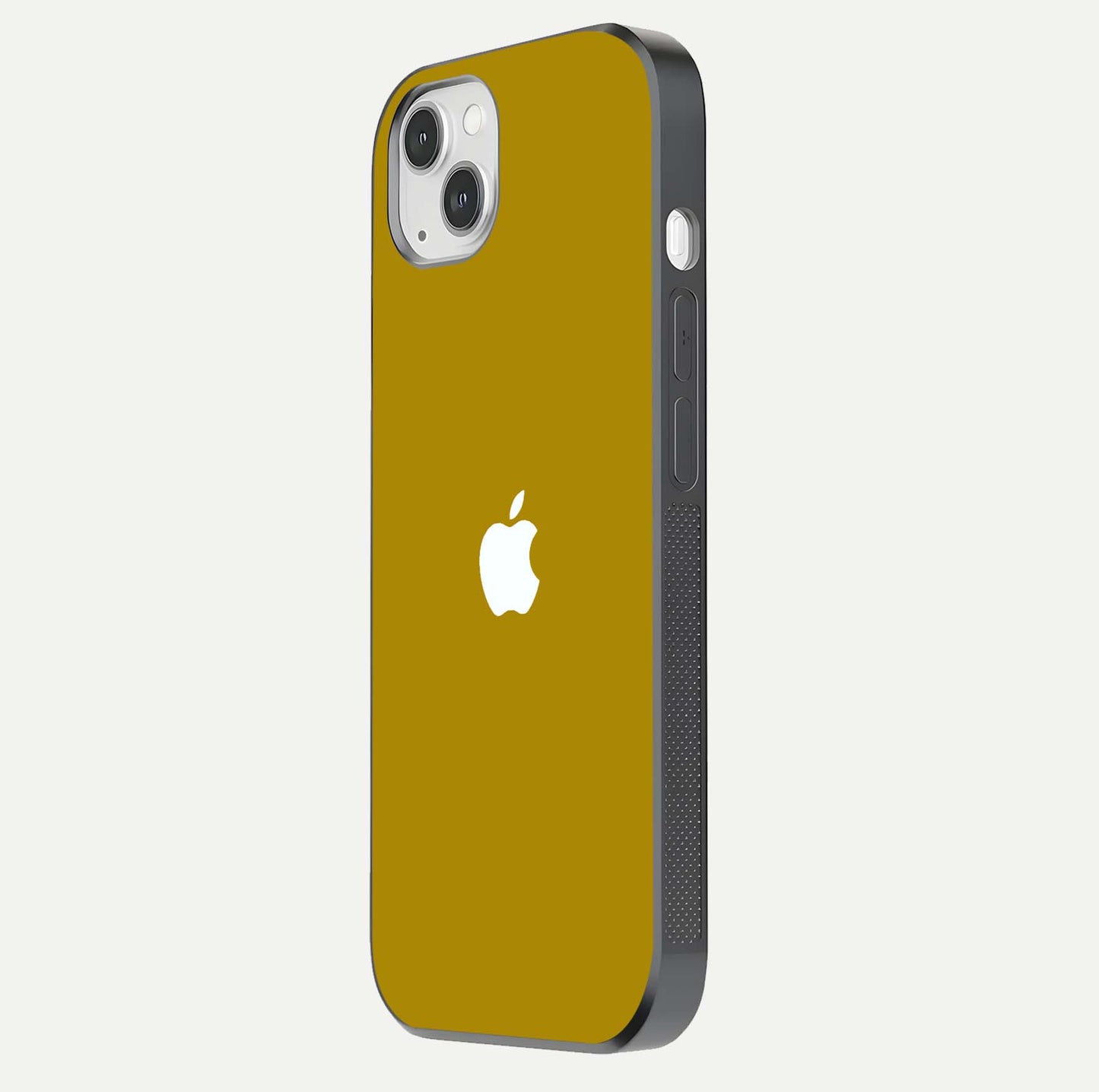 Golden Luxe Aura Glass Case for iPhone 14 Plus side-angle image showing reflection clarity and aura glow