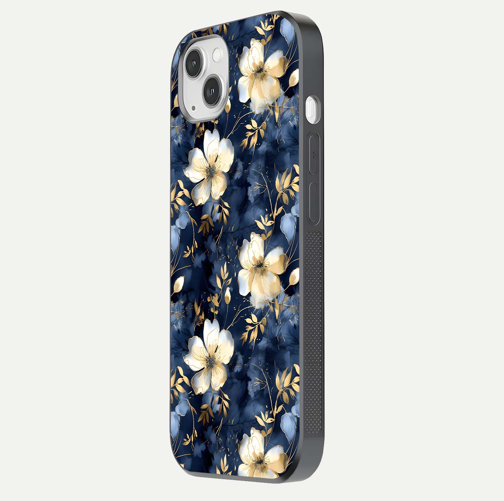 Golden Midnight Bloom Glass Case for iPhone 14 Plus side-angle image showing shine depth and elegant edge design