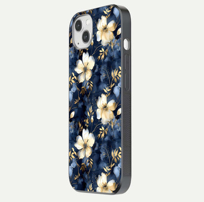Golden Midnight Bloom Glass Case for iPhone 14 Plus side-angle image showing shine depth and elegant edge design