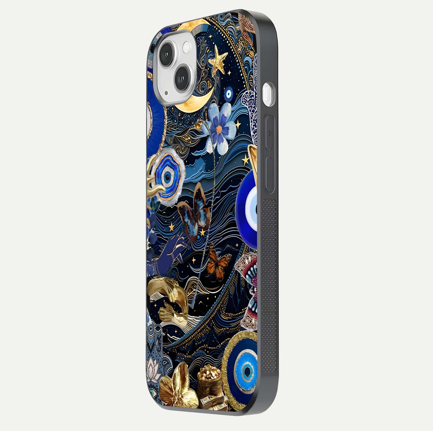 Golden Moon Magic Glass Case for iPhone 14 Plus side-angle image showing reflection glow, curved polish, and moon detail