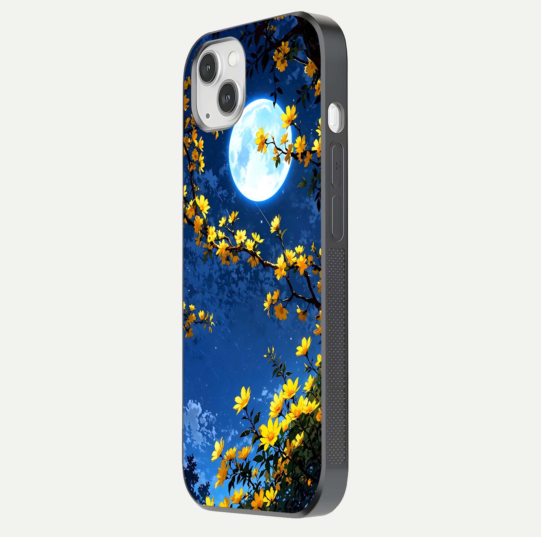 Golden Night Glow Glass Case for iPhone 14 Plus side-angle image showing reflection clarity and elegant golden tone