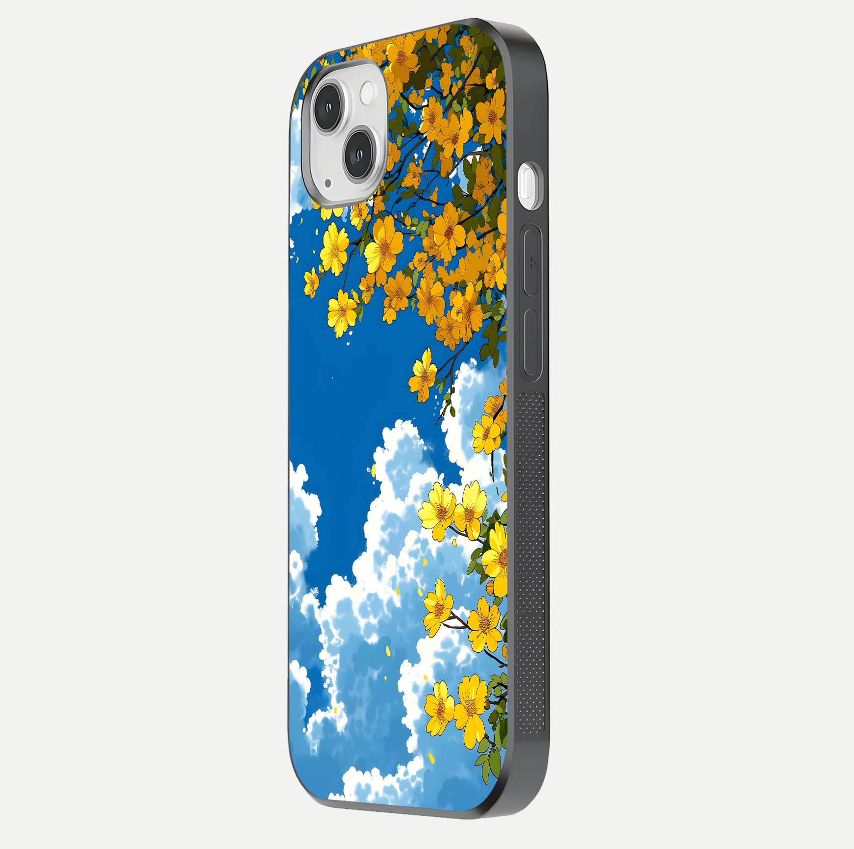 Golden Petal Sky Glass Case for iPhone 14 Plus side-angle image showing reflection depth and metallic floral tones