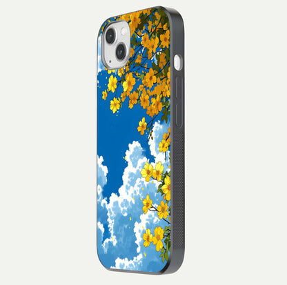 Golden Petal Sky Glass Case for iPhone 14 Plus side-angle image showing reflection depth and metallic floral tones