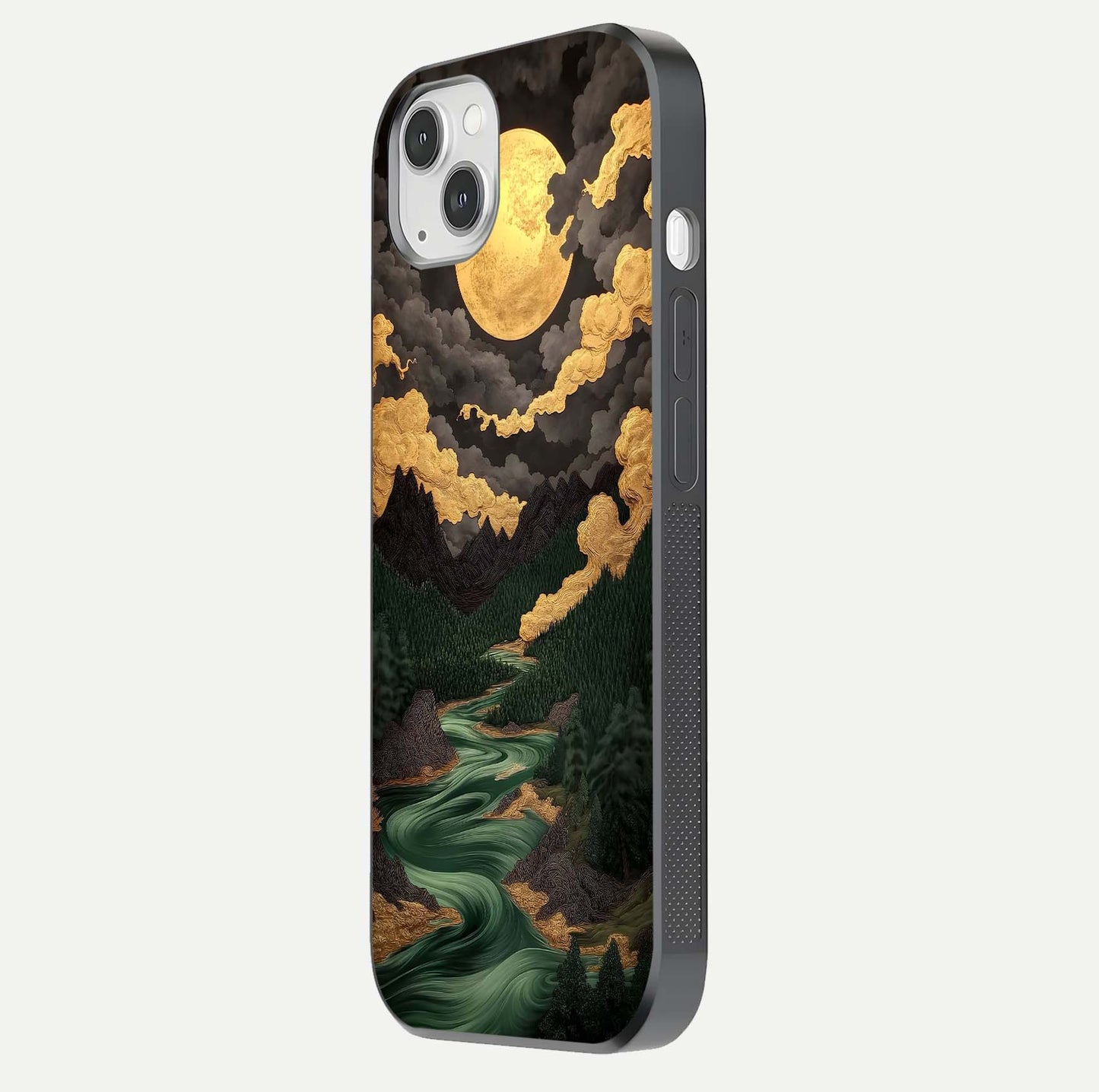 Golden River Moon Glass Case for iPhone 14 Plus side-angle image showing reflection clarity and detailed nightscape