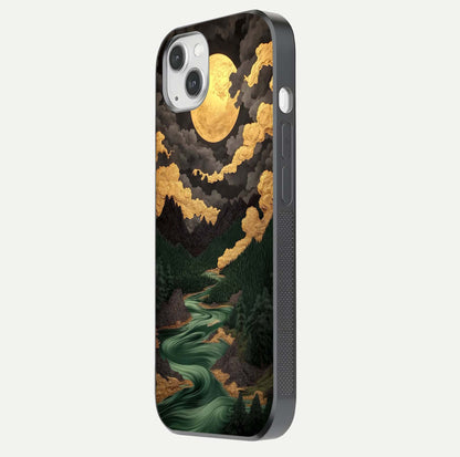 Golden River Moon Glass Case for iPhone 14 Plus side-angle image showing reflection clarity and detailed nightscape