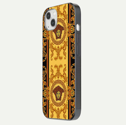 Golden Royal Heritage Glass Case for iPhone 14 Plus side-angle image showing reflection glow and luxury detailing