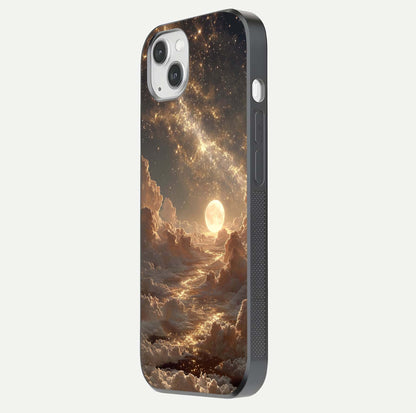 Golden Sky Dream Glass Case for iPhone 14 Plus side-angle image showing reflection shine and smooth surface