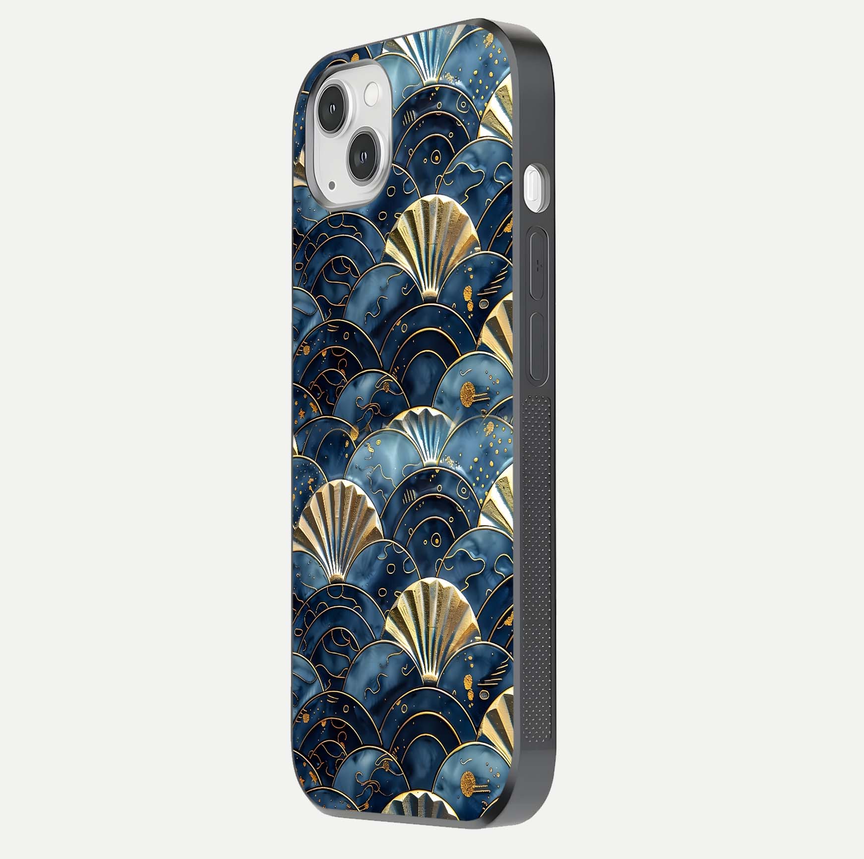 Golden Wave Luxe Glass Case for iPhone 14 Plus side-angle image showing reflection clarity and polished finish