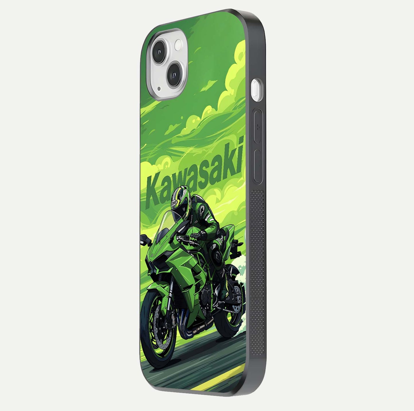 Green Kawasaki Glass Case for iPhone 14 Plus side-angle image showing reflection depth and metallic green accent