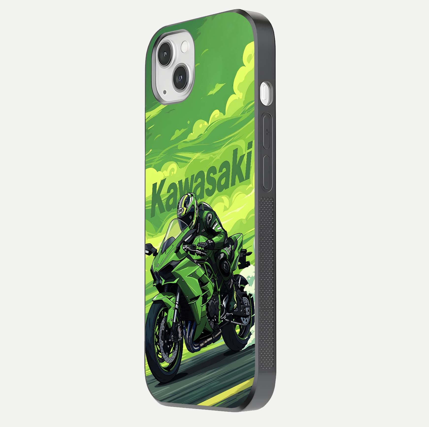 Green Kawasaki Glass Case for iPhone 14 Plus side-angle image showing reflection depth and metallic green accent
